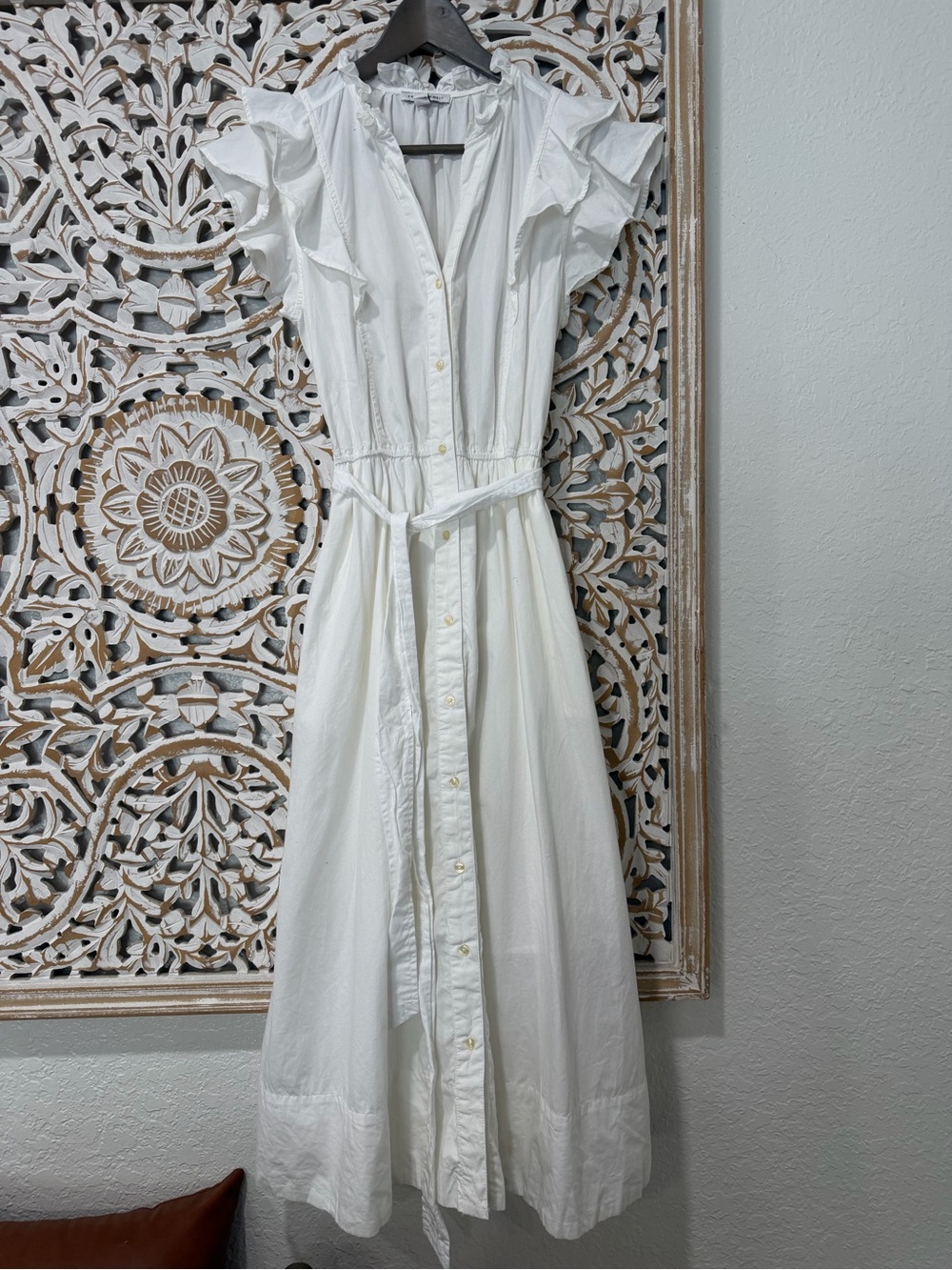 Free Assembly White Ruffled Button-Front  Dress with pockets
